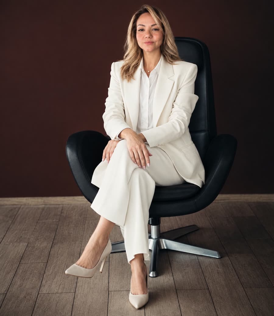 Cristina Strédel sentada en un sillón